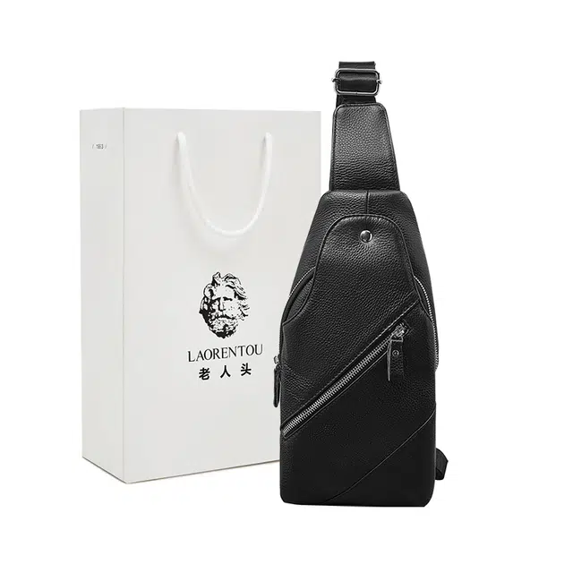 老人头 商务通勤休闲简约时尚斜挎包 头层牛皮 胸包 常规 男款 黑色