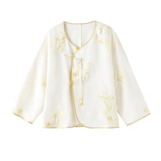 花栗鼠小姐 花间雅集 新中式国风温柔气质优雅风圆领斜门襟撞色手工盘扣织边夹条包边下摆弧形开叉宽松遮肉夹克外套 女款