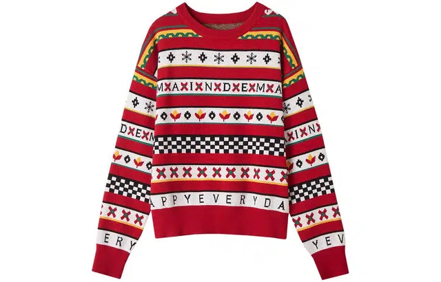 【dme】 圆领条纹印花长袖针织衫 女款 中国红