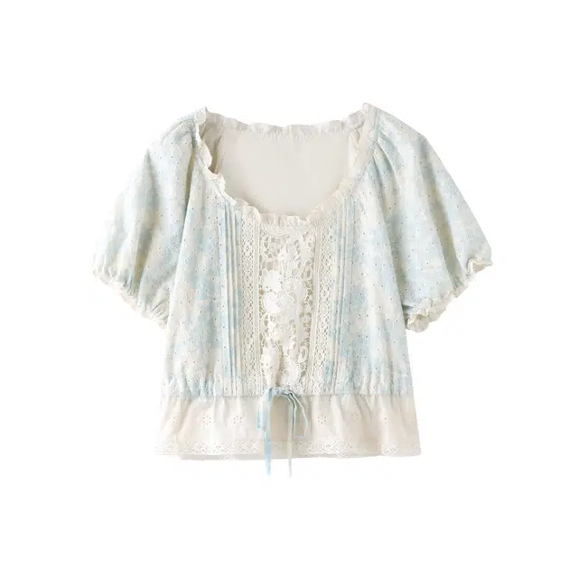 花栗鼠小姐 田园感清新邻家女孩气息甜美浪漫花边短袖衬衫 女款