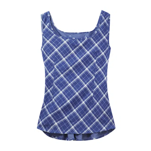 木清清 无袖复古镂空背心收腰显瘦方领外穿上衣吊带 女款 蓝格子