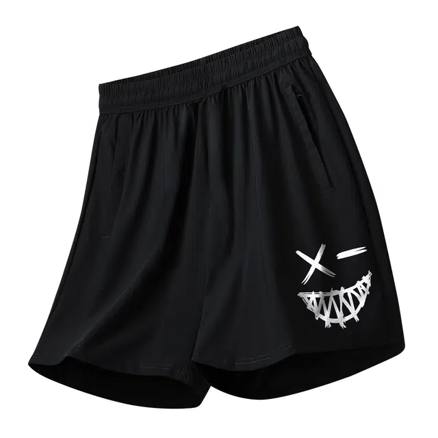 纳趣 宽松鬼脸印花百搭透气速干五分休闲短裤 男款 黑色