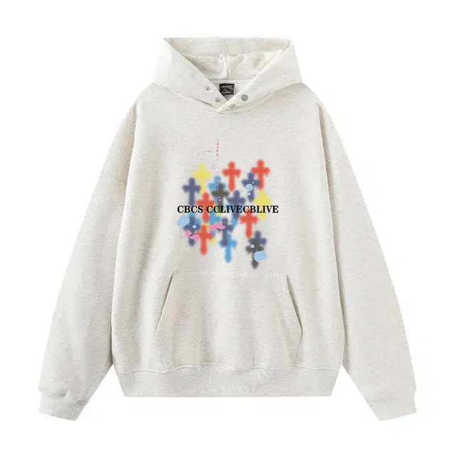 草本初色 双纽扣宽松彩虹十字架字母印花连帽卫衣 男女同款