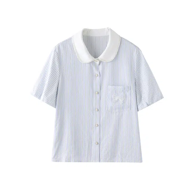 花栗鼠小姐 学院风条纹娃娃领宽松薄款短袖衬衫 女款