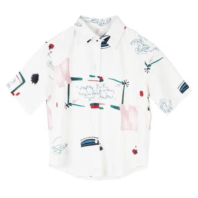 水中花 宽松休闲港风复古植物花卉翻领短袖衬衫 女款 白色