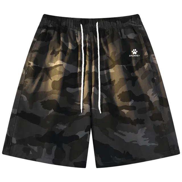 吾皇猫 迷彩美式复古基础款时尚小贴布设计宽松直筒中腰系带纯棉五分裤子舒适透气休闲短裤 男女同款