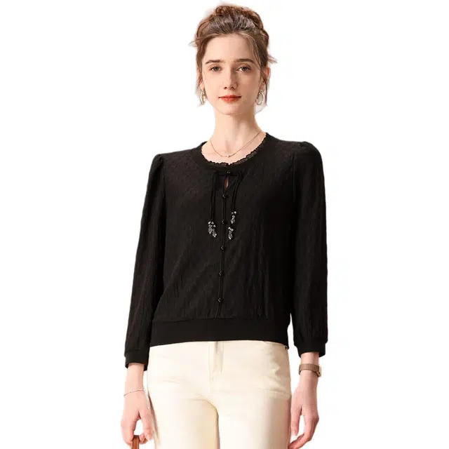 粉红玛琍 圆领通勤宽松长袖针织衫 女款 黑色