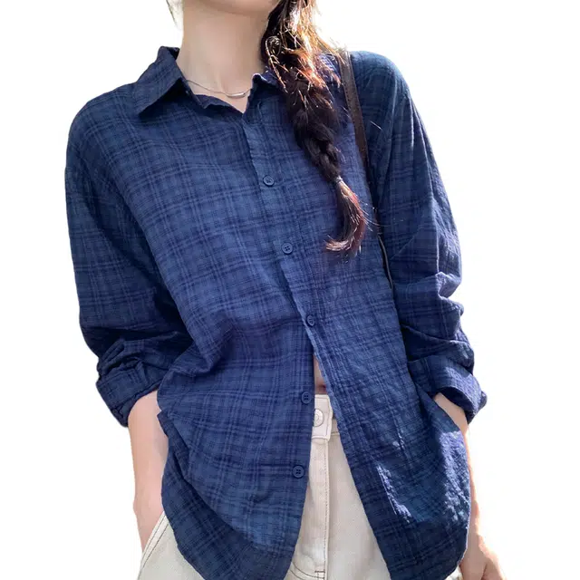 莫代尔 法式复古慵懒风松弛感宽松百搭格子衬衣长袖衬衫 女款 蓝色