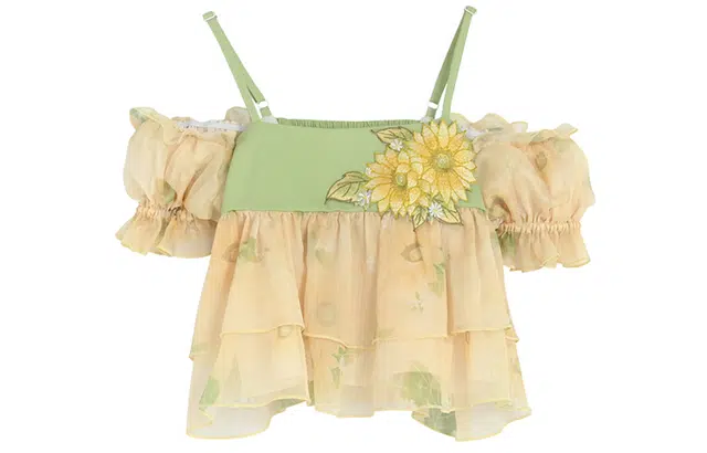 森女部落 拼接桔梗刺绣法式雪纺衫田园风短款吊带衬衫 女款 黄色