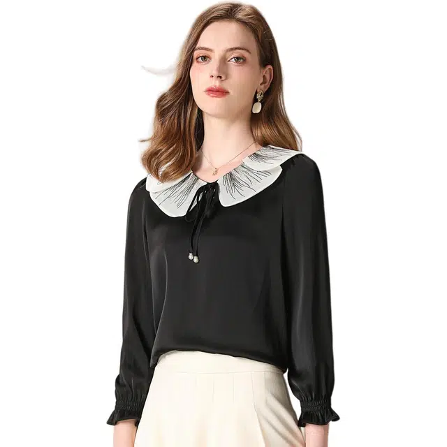 粉红玛琍 撞色拼接娃娃领九分袖衬衫 女款 黑色