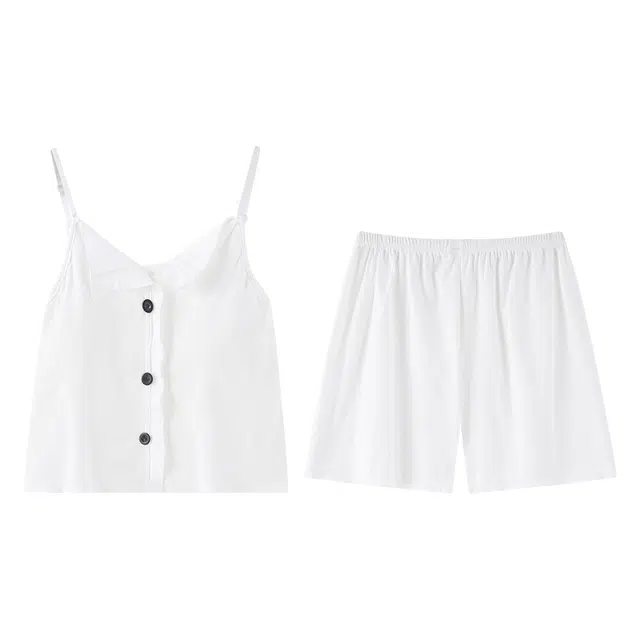 向薇 带胸垫凉感无袖吊带上衣家居服纯色三分裤睡衣套装 女款 图片色