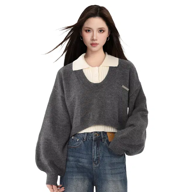 柏黛妃 拼色翻领短款宽松简约舒适针织衫 女款 灰色