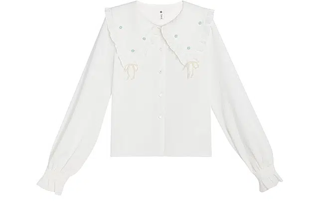 森女部落 学院风长袖甜美百搭娃娃领衬衫 女款 白色