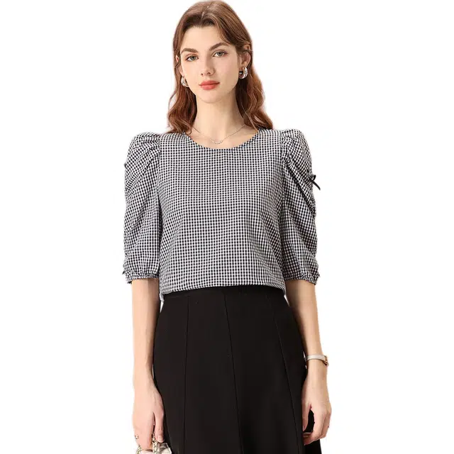 粉红玛琍 格纹蝴蝶结圆领泡泡五分袖衬衫 女款 黑白