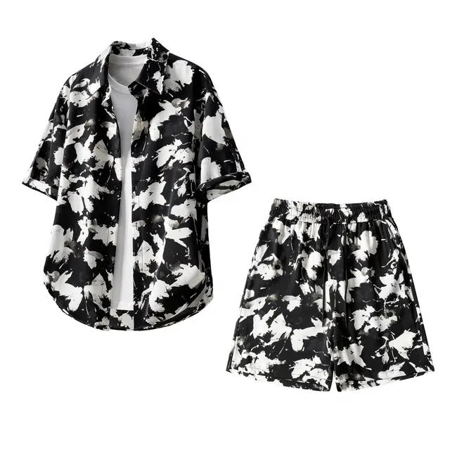 北欧攻略 新中式中国风泼墨扎染垂感顺滑飘逸松弛感短袖外套宽松大码舒适透气五分裤懒人搭配一套痞帅夏装衬衫套装 男女同款 黑色