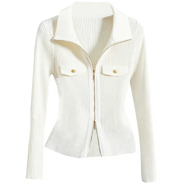 她池 翻领修身气质时尚百搭针织衫 女款 米色