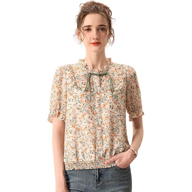 粉红玛琍 立领套头碎花短袖衬衫 女款 杏色