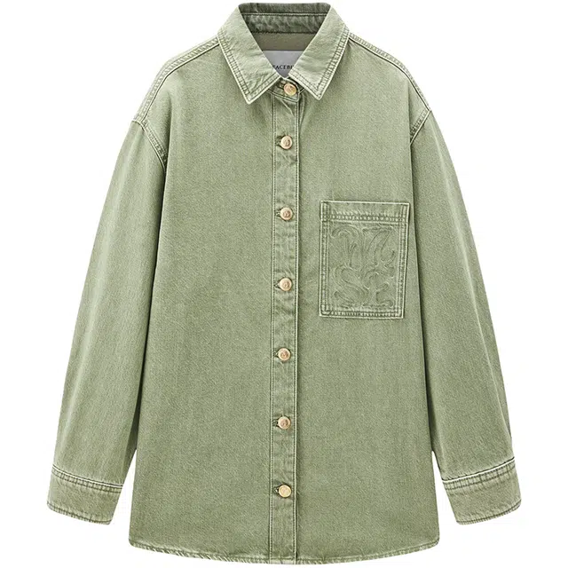 太平鸟 翻领经典宽松舒适长袖衬衫 女款 绿色