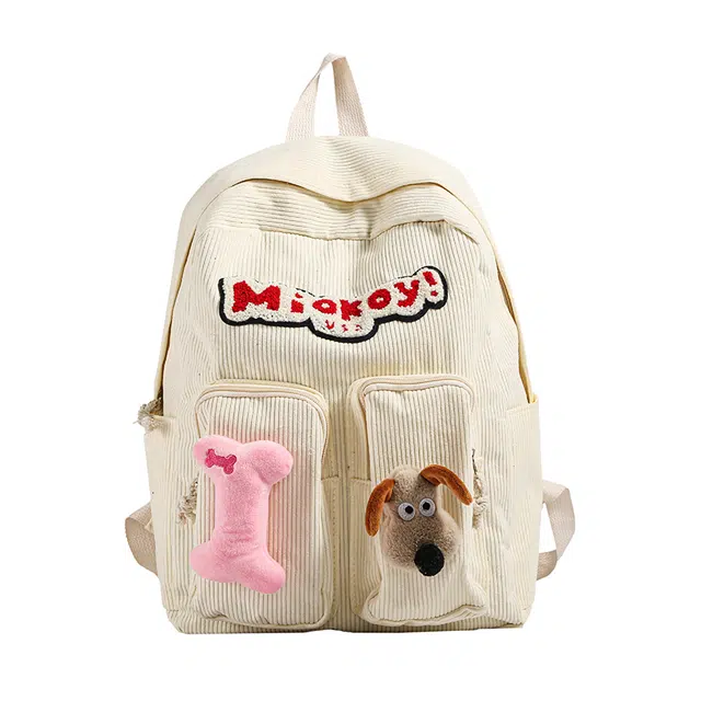 度森袋鼠 韩系高颜值时尚百搭轻便可爱小狗复古 灯芯绒 双肩包 女款 白色/黑色/红色