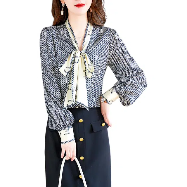 水墨佳人 时尚飘带领印花套头长袖衬衫 女款 黑色