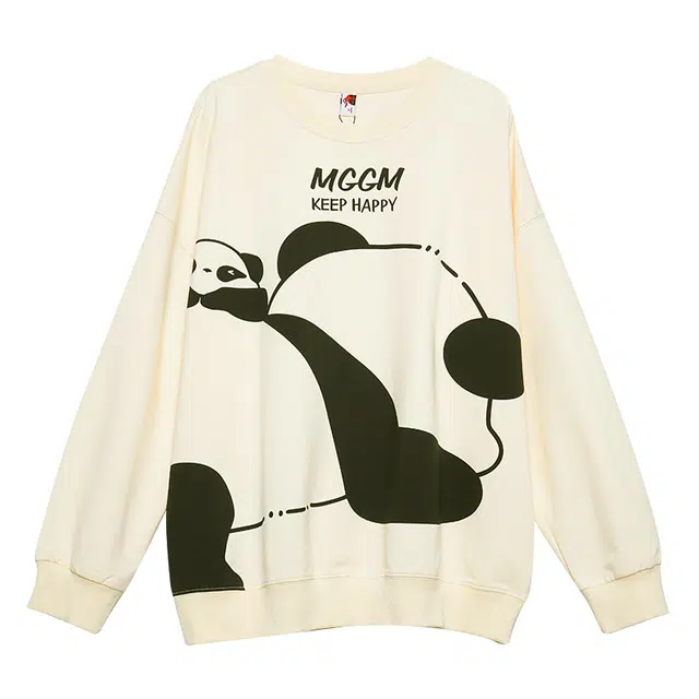 木果果木 可爱熊猫图案圆领宽松落肩卫衣 女款