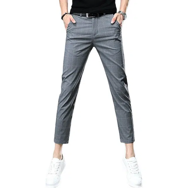 吉肯蒂 薄款商务韩版潮流修身弹力格子九分休闲裤 男款