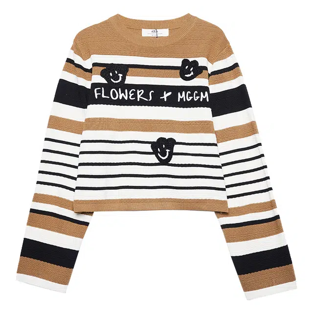 木果果木 撞色条纹软糯圆领宽松短款长袖针织衫 女款