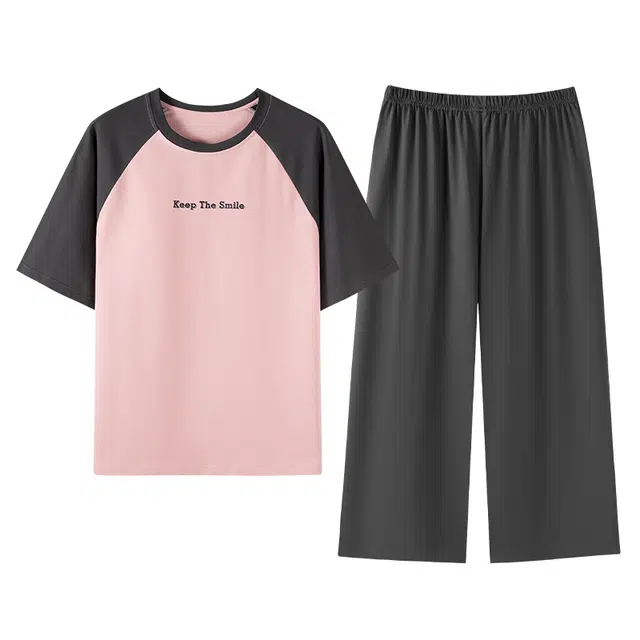 顶瓜瓜 时尚短袖七分裤拼接简约休闲家居服睡衣套装 女款 图片色