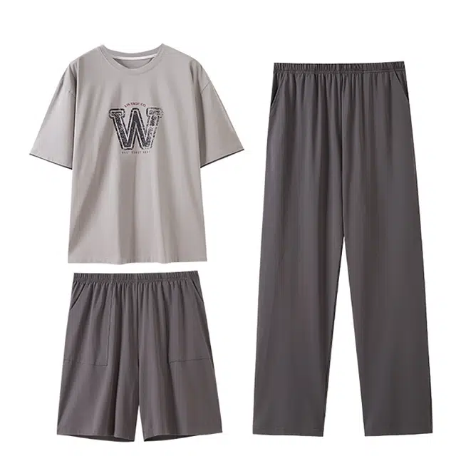 潞优野 舒适简约可外穿短袖长裤睡衣套装 男款 卡其色