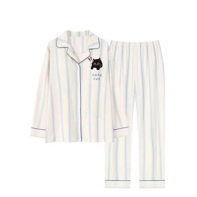 俏韵 翻领卡通休闲长袖上衣家居服可外穿长裤睡衣套装 女款 白色