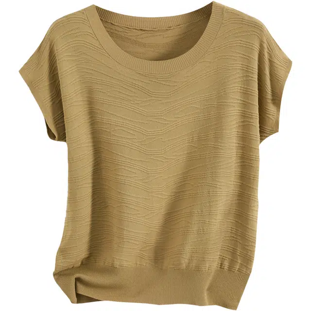 她池 简约肌理感圆领套头中式刺绣气质短袖针织衫 女款 深卡其