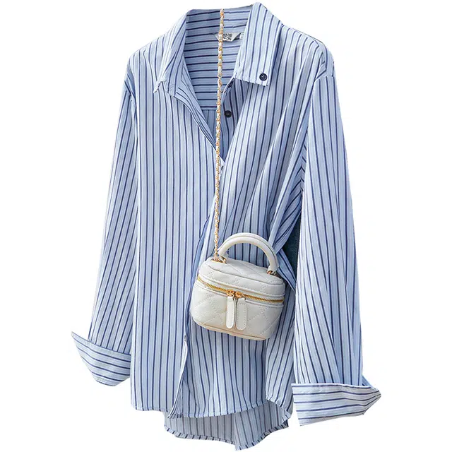 她池 翻领宽松款单排扣长袖衬衫 女款 蓝色条纹