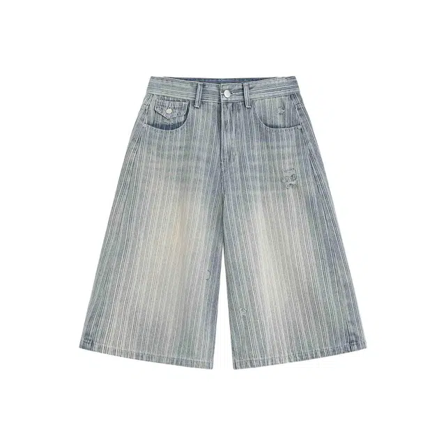 拓菲 美式百搭宽松条纹七分裤牛仔短裤 男女同款
