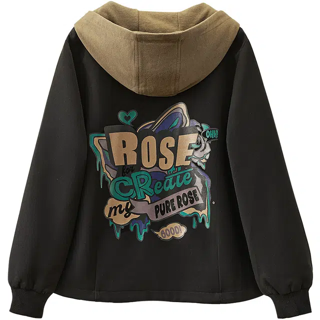 她池 连帽拉链宽松休闲夹克外套 女款 黑色