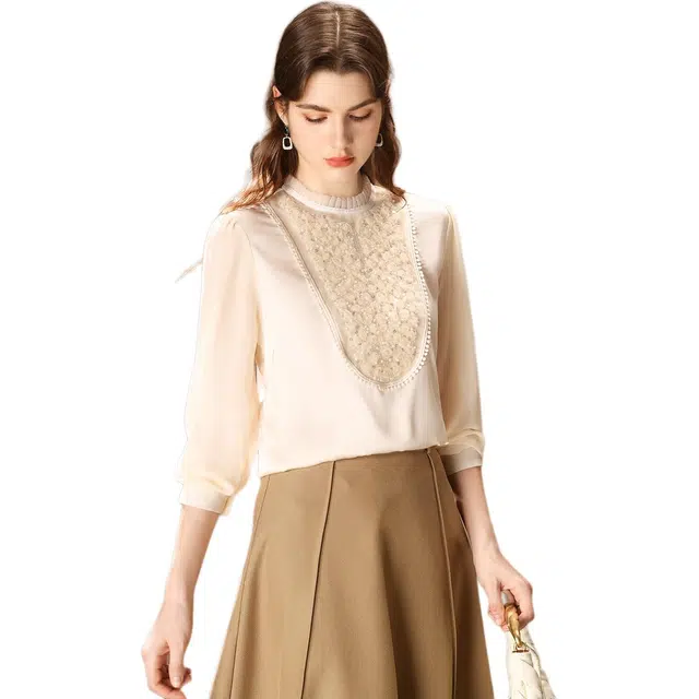 粉红玛琍 圆领纯色简约长袖衬衫 女款 杏色