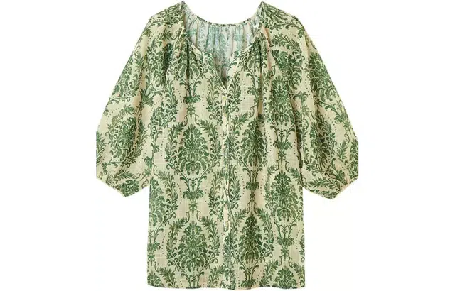 【dme】印花灯笼袖短袖衬衫 女款 藻绿