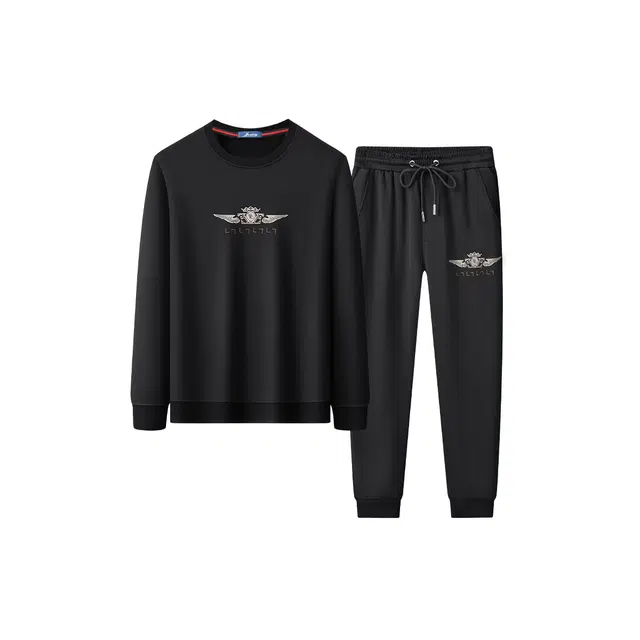 富铤 经典款加绒两件套圆领时尚印花长袖上衣休闲长裤卫衣套装 男款 黑色
