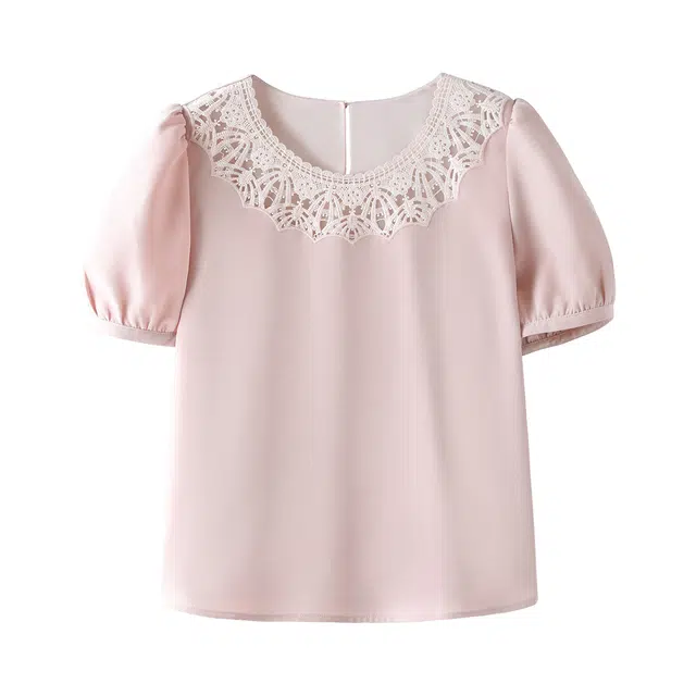 花栗鼠小姐 法式甜美宫廷少女感减龄镂空圆领拼接波浪边绣花泡泡袖宽松遮肉含里布防走光衬衫 女款