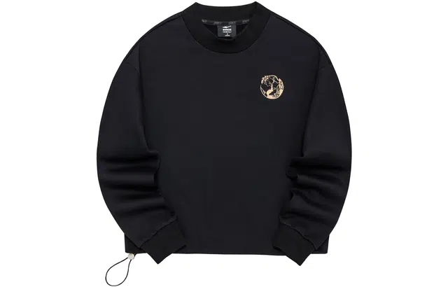 鸿星尔克 抽绳短版加厚纯色长袖套头卫衣 女款 正黑