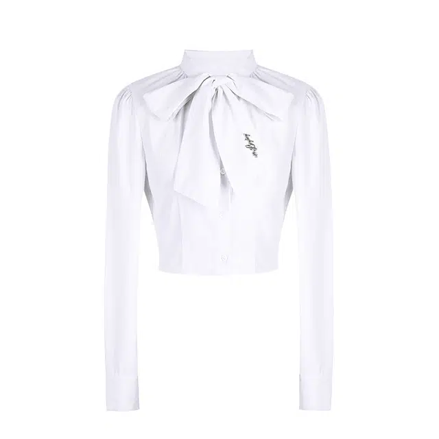 花铃太太 纯色短款条纹蝴蝶结修身长袖衬衫 女款