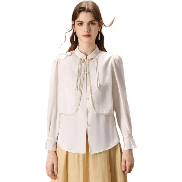 粉红玛琍 纯色宽松假两件立领舒适长袖衬衫 女款 杏色