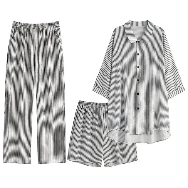 乐姿韵 轻奢时尚条纹翻领亲肤舒适休闲家居服睡衣套装 女款 白灰色