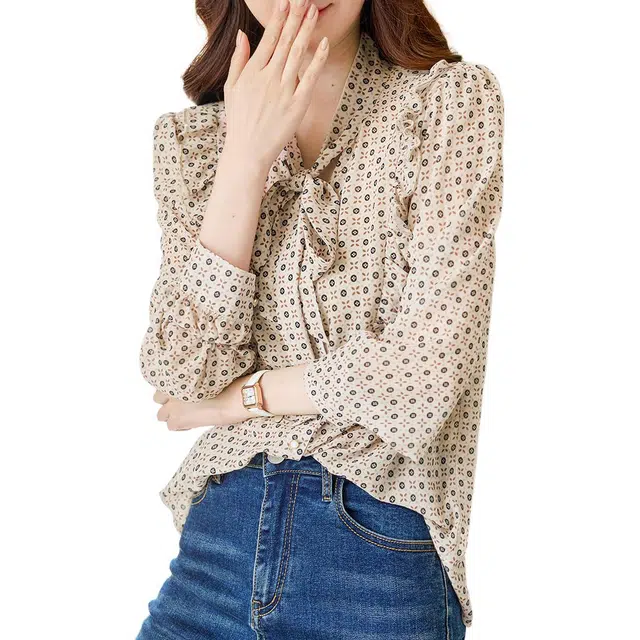 【dme】 舒适柔和系带碎花长袖衬衫 女款 杏色