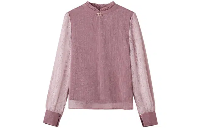 【dme】 蕾丝荷叶边撞色长袖衬衫 女款 豆沙粉