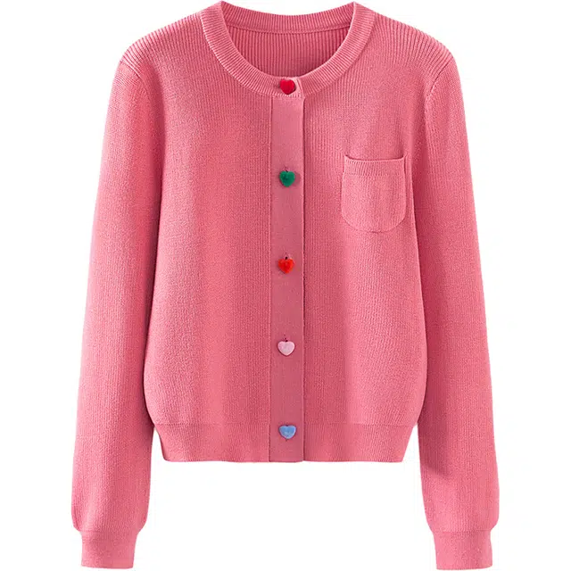 她池 圆领甜美爱心简约合身针织衫 女款 玫粉色