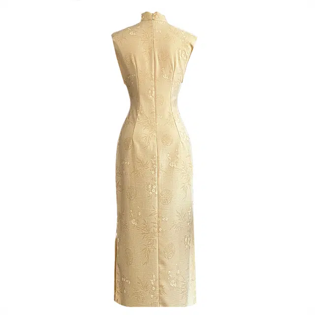 敲模女孩 新中式国风改良旗袍暗纹提花设计感温婉复古大气收腰修身无袖连衣裙 女款 黄色