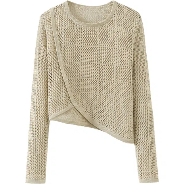 她池 镂空圆领套头不规则设计感针织衫 女款 卡其绿