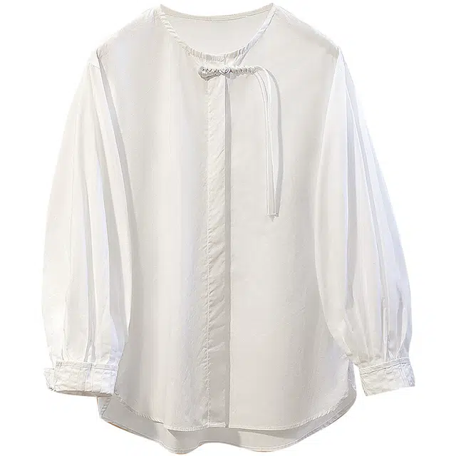 她池 国风宽松款圆领新中式长袖衬衫 女 白色