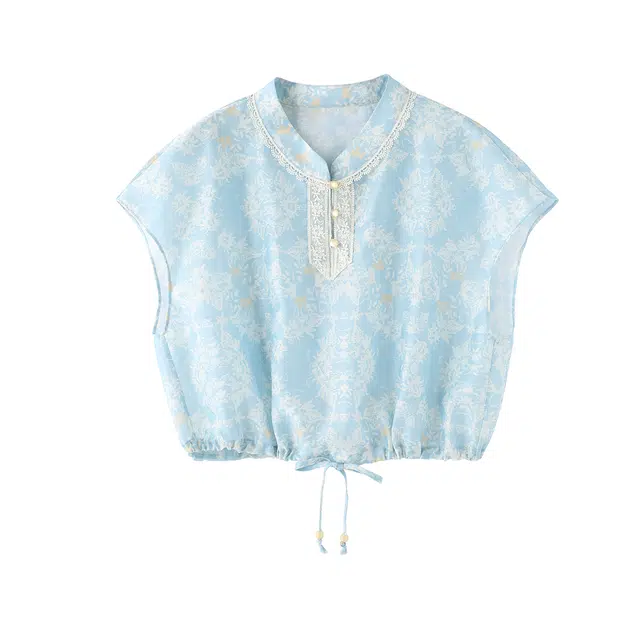 花栗鼠小姐 釉下青瓷 新中式气质国风小立领半开门襟拼接花边下摆可调节抽绳宽松显瘦短款衬衫 女款