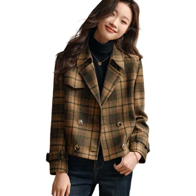 沫晗依美 复古格子时尚百搭翻领夹克外套 女款 咖绿色